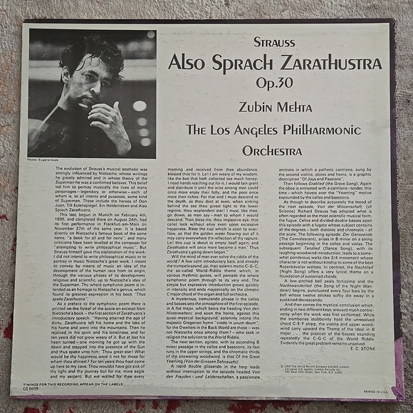 Richard Strauss Zubin Mehta Sprach Zarathustra LA Philharmonic 1968 LP - Picture 2 of 7
